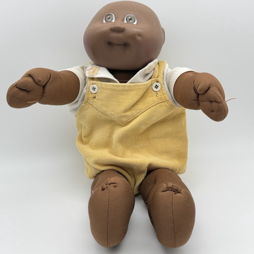 Vintage Coleco Cabbage Patch Kids Doll Bald Brown Eyes Yellow Overalls 1980s #6
